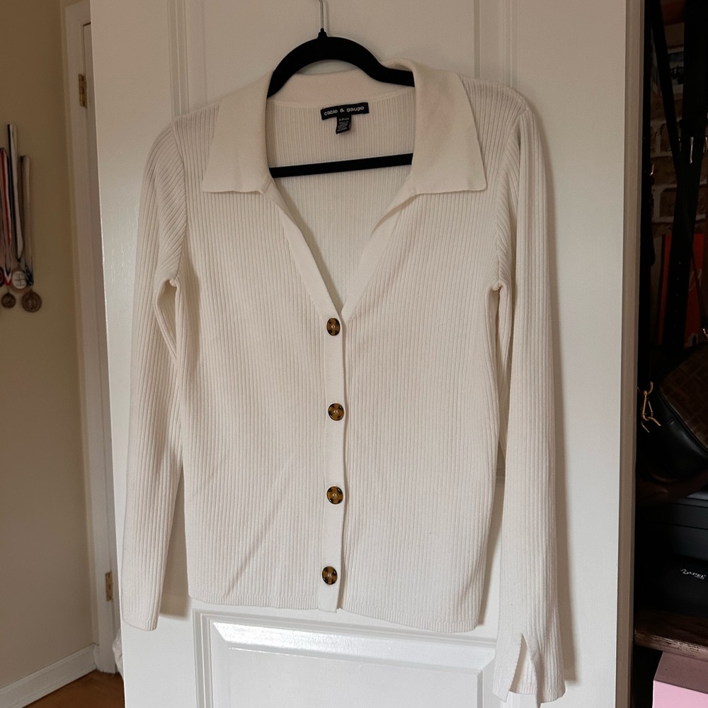 White Ribbed Button-Up Cardigan